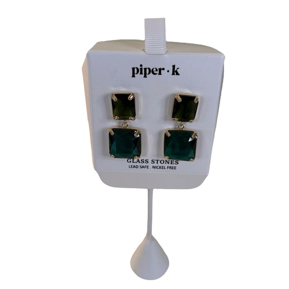 Gorgeous Two Faceted Geometric Green Glass Stone Dangle Earrings.